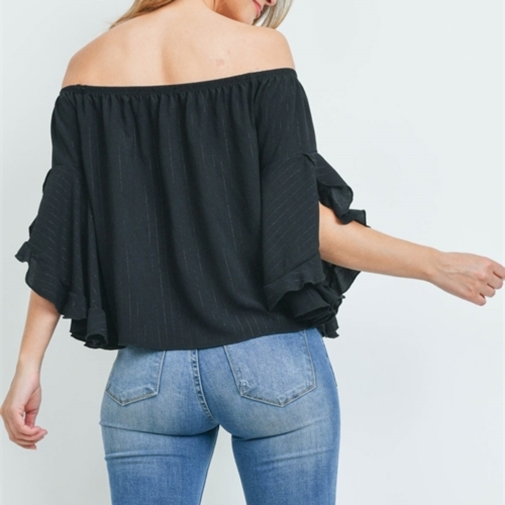 NWT Black Off Shoulder Ruffled Split Bell Sleeve - Picture 2 of 6